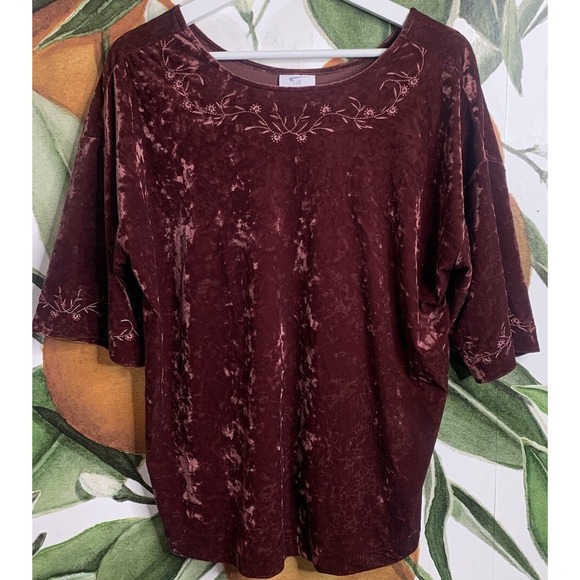J. Jill Tops - J Jill Medium Velvet Burgundy Embroidered Neckline Short Sleeve Blouse